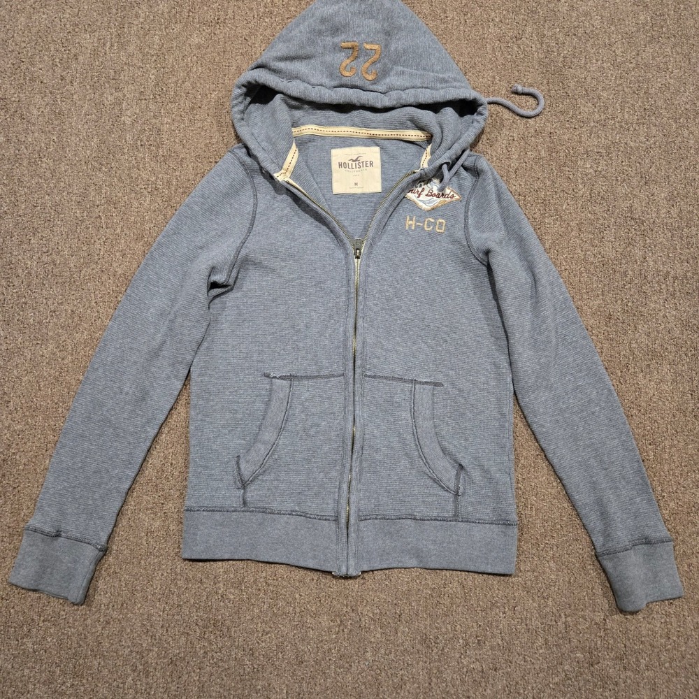 Hollister Hoodie Mens Medium Gray Waffle‎ Knit Full Zip Surf Boards Patch Y2K